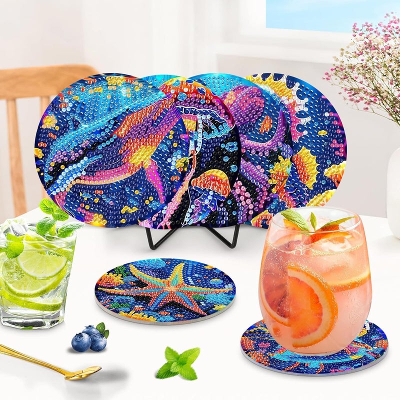 Ekuxom 6 Pcs Diamond Art Coasters Kits, DIY Ocean Diamond Painting Coasters with Holder Cork Pads, Non Slip Coaster Crafts Kits for Adults Beginners Gifts - Image 2