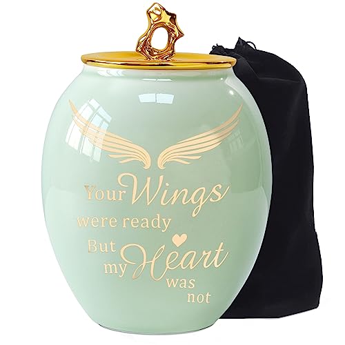 LINES ARTE Medium Urns for Human Ashes Adult Female 50 Cubic Inches 67x52 Inch Medium Size Ceramic Cremation Urn for MomSisterWomen with Green Angel Wings - Image 1