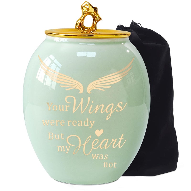 LINES ARTE Medium Urns for Human Ashes Adult Female 50 Cubic Inches 67x52 Inch Medium Size Ceramic Cremation Urn for MomSisterWomen with Green Angel Wings - Image 2