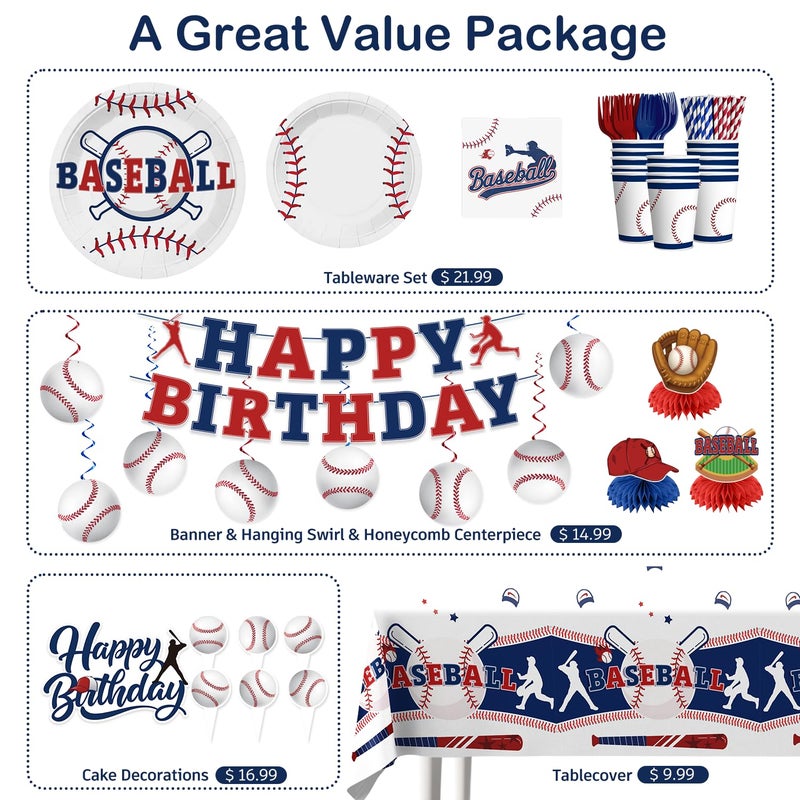 Xynic 202Pcs Baseball Birthday Decorations Tableware Set Serve 25 Guests, Baseball Party Decorations Include Banner, Plates, Tablecloth, Cake Topper, Cups, Cupcake Topper for Baseball Birthday Party - Image 3
