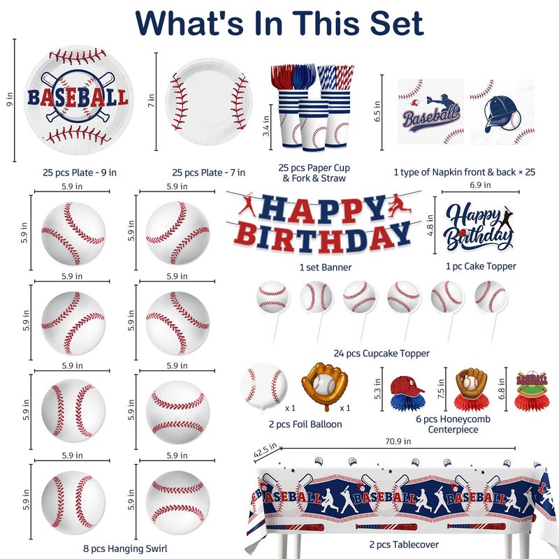 Xynic 202Pcs Baseball Birthday Decorations Tableware Set Serve 25 Guests, Baseball Party Decorations Include Banner, Plates, Tablecloth, Cake Topper, Cups, Cupcake Topper for Baseball Birthday Party - Image 2
