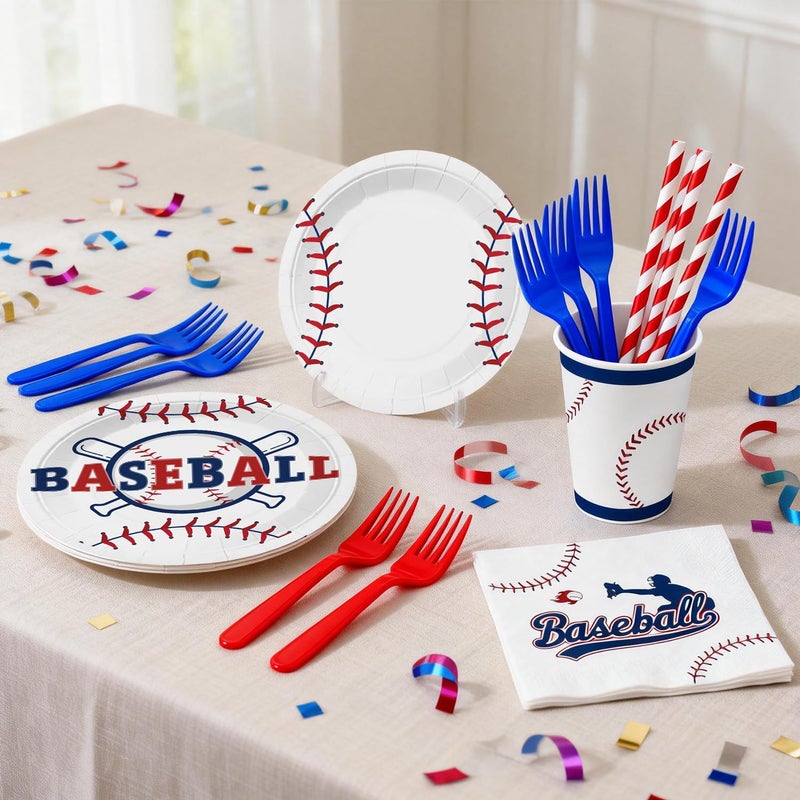 Xynic 202Pcs Baseball Birthday Decorations Tableware Set Serve 25 Guests, Baseball Party Decorations Include Banner, Plates, Tablecloth, Cake Topper, Cups, Cupcake Topper for Baseball Birthday Party - Image 5