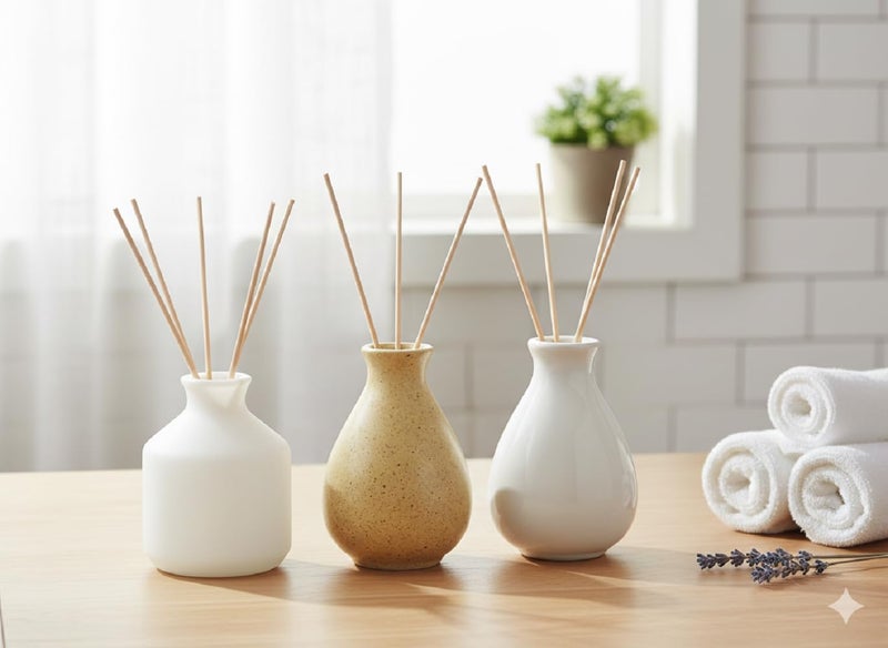 Mkd2 Rise Ceramic Reed Diffuser Pot I Empty Aroma Pot, Set of 3 (White, Brown & White) for Home Décor, Decoration, Fragrance, Gifts - Image 2
