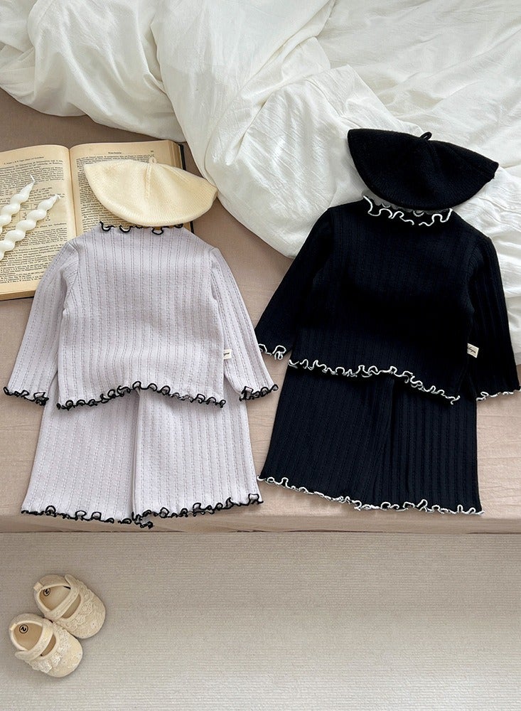 Baby Home Clothing Set, Female Baby Striped Cute Lace Long Sleeve Baby Two Piece Set - Image 2