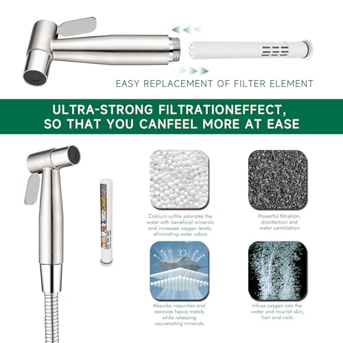 Mougcet Handheld Bidet Sprayer with 2 Replacement Filters for Toilet Muslim Shower for Feminine Wash Cloth Diaper Washer Stainless Steel Adjustable Water Pressure with Bidet 4ft Hose Set Brushed Nickel - Image 3