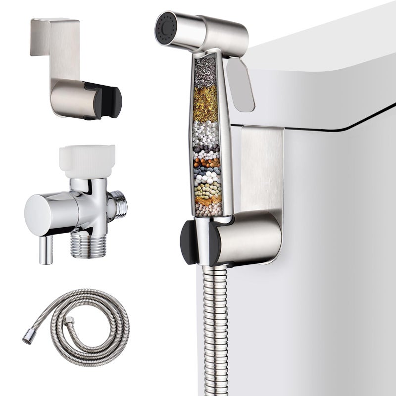 Mougcet Handheld Bidet Sprayer with 2 Replacement Filters for Toilet Muslim Shower for Feminine Wash Cloth Diaper Washer Stainless Steel Adjustable Water Pressure with Bidet 4ft Hose Set Brushed Nickel - Image 2