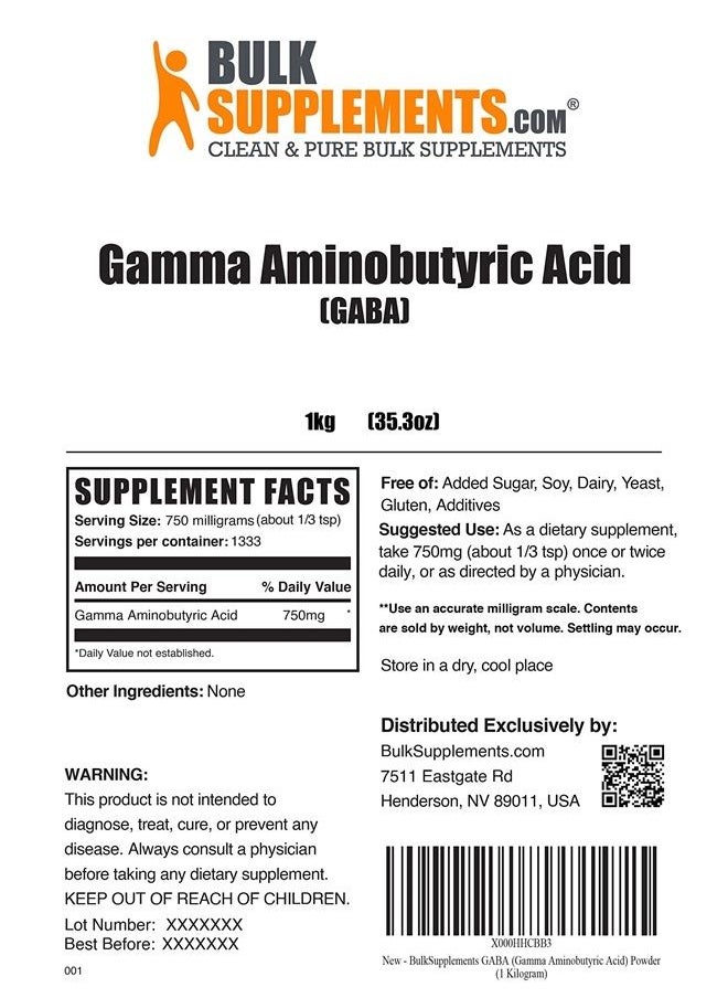 BULKSUPPLEMENTS.COM - Gamma Aminobutyric Acid Powder - GABA Calm - GABA 750mg - GABA Supplements - GABA Powder - Focus Aid & Stress Supplements - 750mg per Serving (1 Kilogram - 2.2 lbs) - Image 1