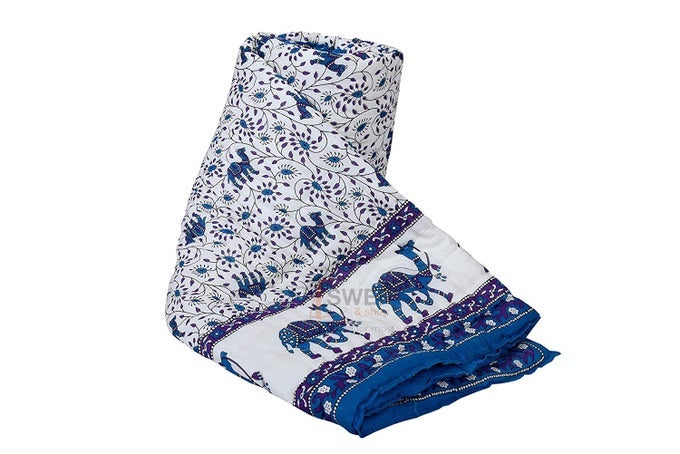 RAJASTHANI TRADITIONAL COTTON JAIPURI RAZAI AC BLANKET CAMEL PRINT WITH FLORAL DESIGN SINGLE BED REVERSIBLE BOTH SIDED JAIPURI QUILT 55 X 85 INCH BLUE