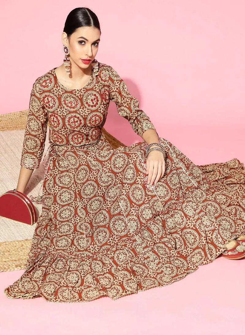 آي شين Women'S Brown 100% Cotton Floral Regular Fit Kurta