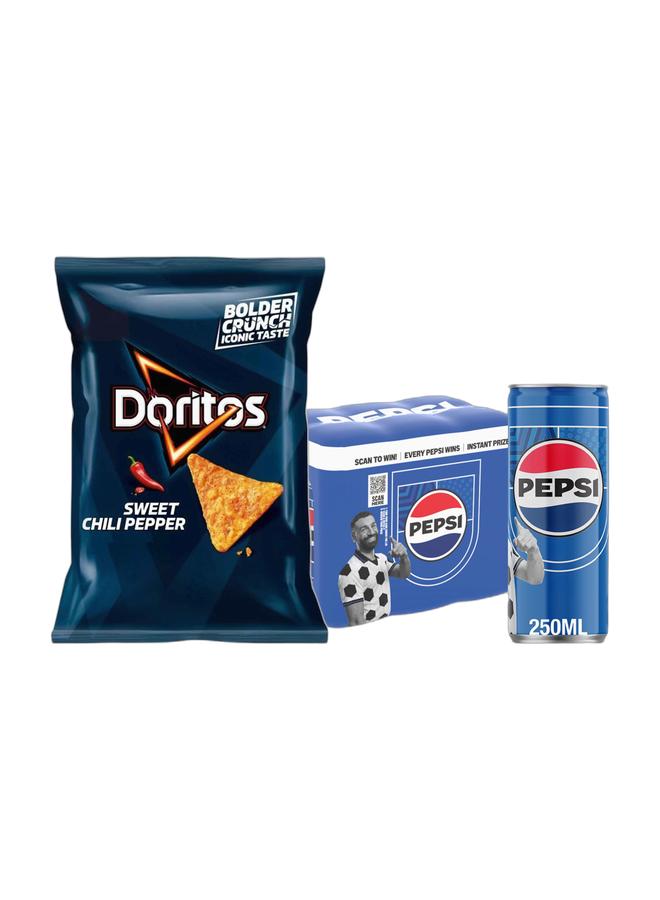 Pepsi Doritos Sweet Chili Chips 48grams + Pepsi Carbonated Soft Drink Cans 330ml Pack of 6