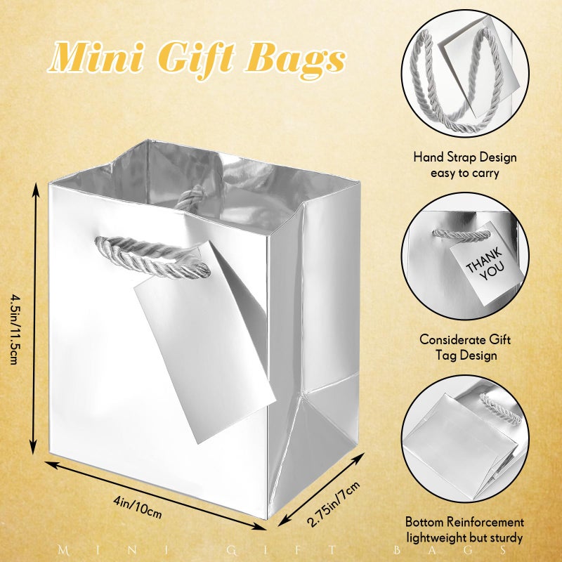 Sherr 100 Pcs Mini Gift Bags Bulk, 4 x 2.75 x 4.5 in Paper Bag with Tag, Extra Small Paper Gift Boxes with Handles for Birthday, Valentines Party Favor, Wedding, Small Business, Spring(Silver) - Image 3