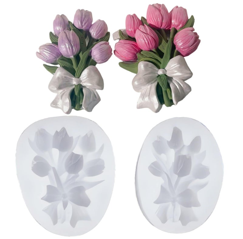 3D 2 Pack Tulip Bouquet Candle Mold Plant Silicone Mold Flower Resin Mold for Soap Soy Wax Epoxy DIY Handcraft Home Ornaments Car Air Freshener Home Decoration