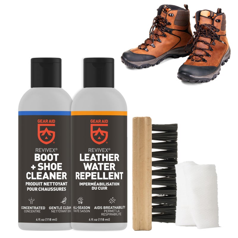 Gear Aid GEAR AID Revivex Leather Shoe and Boot Cleaner and Conditioning Kit, Restore Your Sneakers, Work and Hiking Boots, Includes Soap, Water Repellent, Brush to Remove Dirt, Cleaning Cloth, 1 Pack  - Image 1