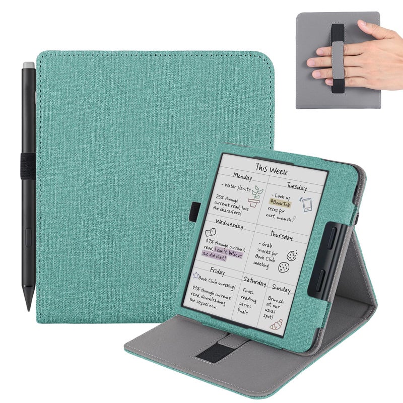 Vakarey for Kobo Libra Colour Case with Pen Holder,Sleep Cover for Kobo Libra 2 Case with Hand Strap,Green - Image 2