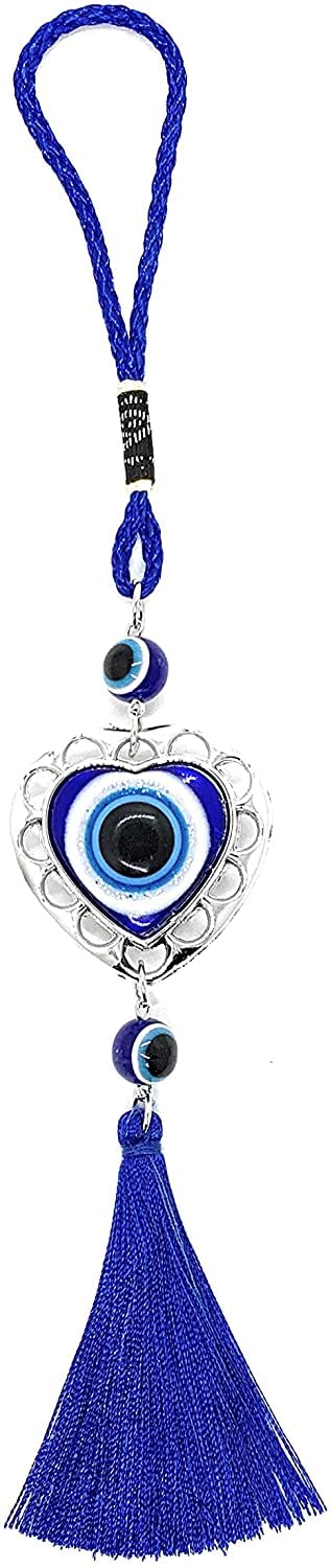 LUCKBOOSTIUM Evil Eye Hanging Ornament in Heart Shape Metal w/Blue Tassel Sign of Protection Blessing Strength & Power Home/Office Decorative Car Rear View Mirror Accessories Ornaments - Image 2