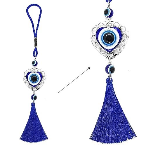 LUCKBOOSTIUM Evil Eye Hanging Ornament in Heart Shape Metal w/Blue Tassel Sign of Protection Blessing Strength & Power Home/Office Decorative Car Rear View Mirror Accessories Ornaments - Image 1