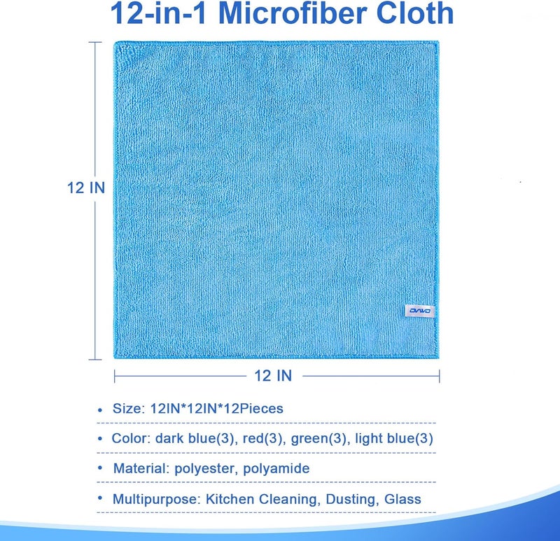 ovwo 12Pcs Premium Microfibre Cleaning Cloth Set - Highly Absorbent and Reusable - Image 2