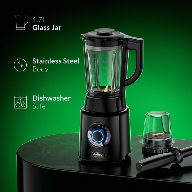 Feller Germany, 1200W Blender + Grinder Mill, 1.7L Glass Jar, Ice Crush/Smoothie/Pulse Modes, Variable Speed, 6-Fin Blade, Safety Lock, BLG1200, 2Y Guarantee-KSA Version Stainless Steel (Black) - Image 4