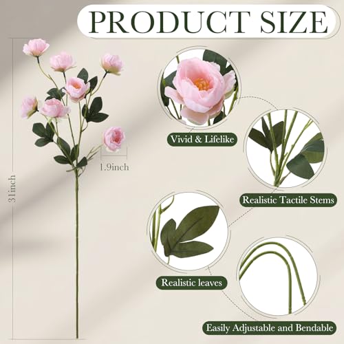 Craftsatin 6 Pcs 32" Large Light Pink Artificial Peonies Stems Flowers, Real Look Faux Silk Peony Bouquet 42 Heads Total for Vase Filler, Farmhouse Rustic Neutral Home Decor, Wedding Centerpieces - Image 3