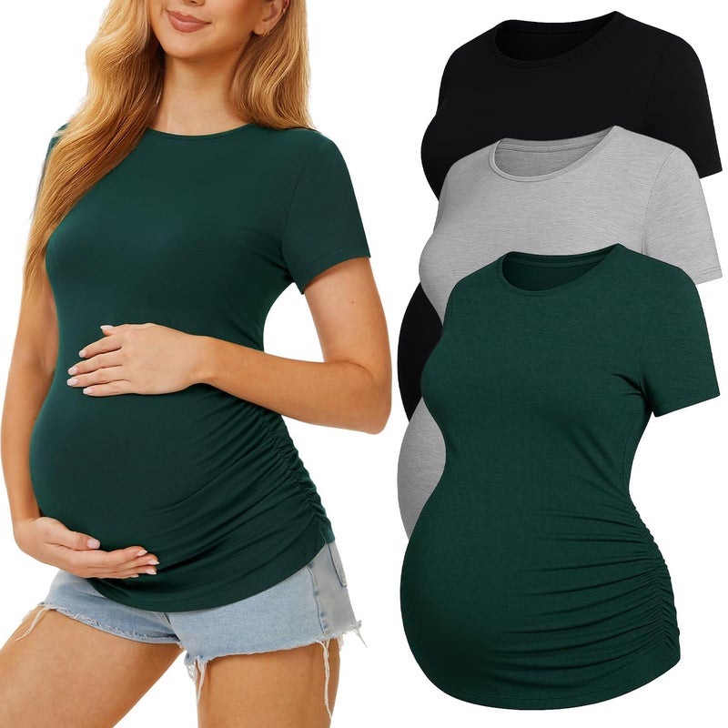 MIRAZEN 3 Pack Womens Maternity Shirts - Crew Neck Maternity Top Short Sleeve Pregnancy Tee Shirts, Black/Light Grey/Dark Green, Medium - Image 1