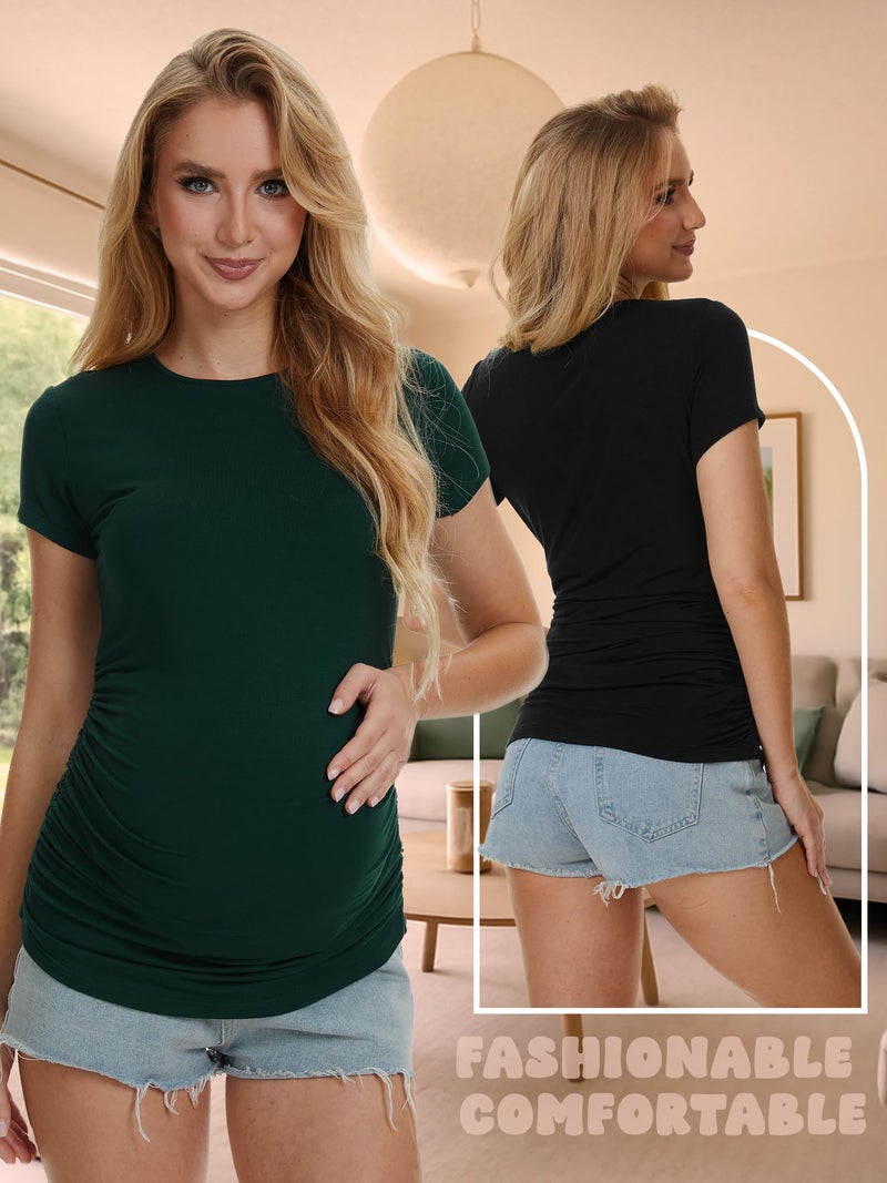 MIRAZEN 3 Pack Womens Maternity Shirts - Crew Neck Maternity Top Short Sleeve Pregnancy Tee Shirts, Black/Light Grey/Dark Green, Medium - Image 2