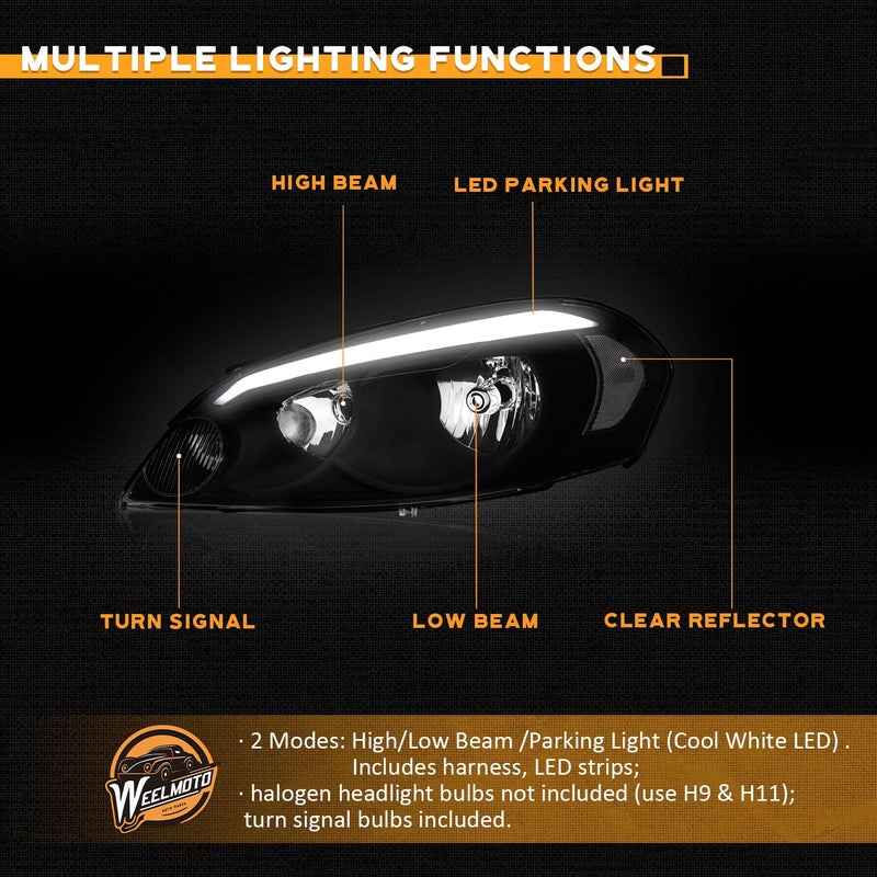 WEELMOTO LED DRL Headlights Assembly, for 06-13 Chevy Impala for 14-16 Chevy Impala Limited, for 06-07 Chevy Monte Carlo Replacement Headlight Black Housing Clear Reflector with LED DRL - Image 5