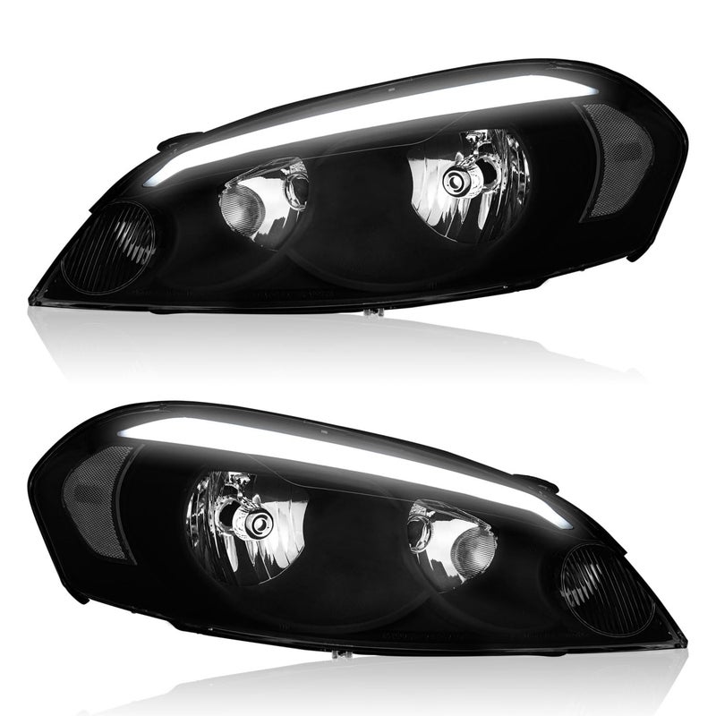 WEELMOTO LED DRL Headlights Assembly, for 06-13 Chevy Impala for 14-16 Chevy Impala Limited, for 06-07 Chevy Monte Carlo Replacement Headlight Black Housing Clear Reflector with LED DRL - Image 1