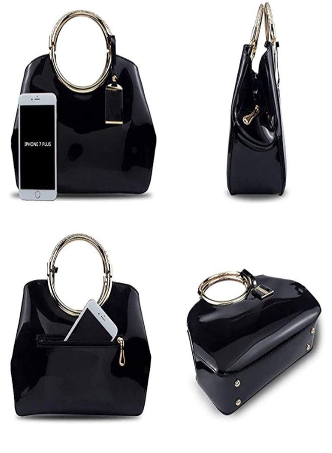 Rullar Women Elegant Handbag and Purse Top Handle Bag Patent Leather Tote Satchel Shoulder Clutch Crossbody Bag with Pendant Black - Image 4