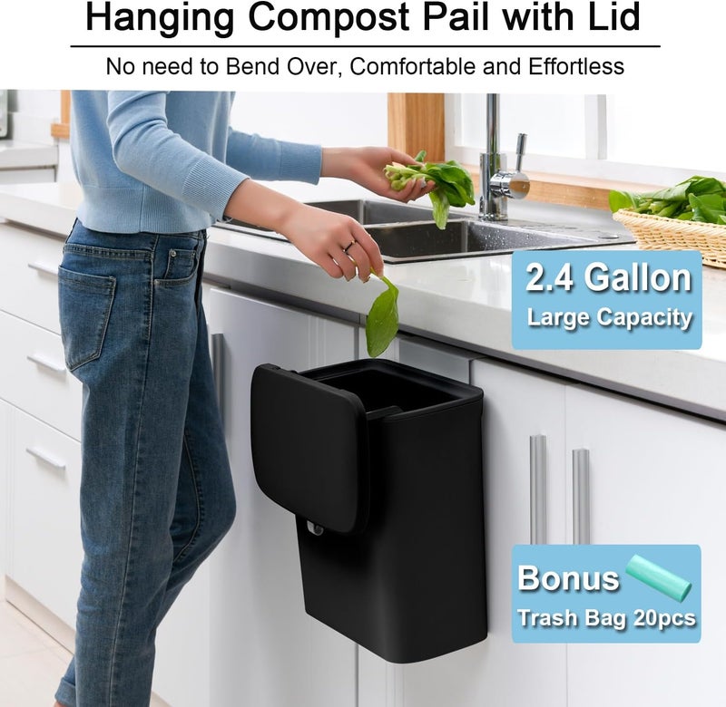 Tiyafuro 2.4 Gallon Kitchen Compost Bin for Counter Top or Under Sink, Hanging Small Trash Can with Lid for Cupboard/Bathroom/Bedroom/Office/Camping, Mountable Indoor Compost Bucket, Black - Image 2