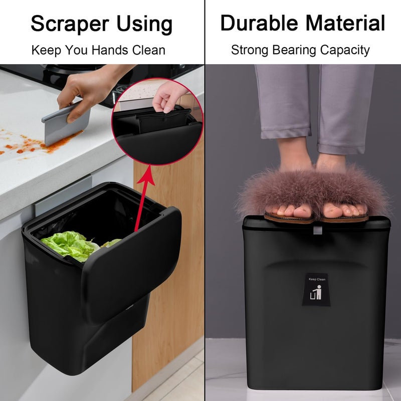 Tiyafuro 2.4 Gallon Kitchen Compost Bin for Counter Top or Under Sink, Hanging Small Trash Can with Lid for Cupboard/Bathroom/Bedroom/Office/Camping, Mountable Indoor Compost Bucket, Black - Image 5