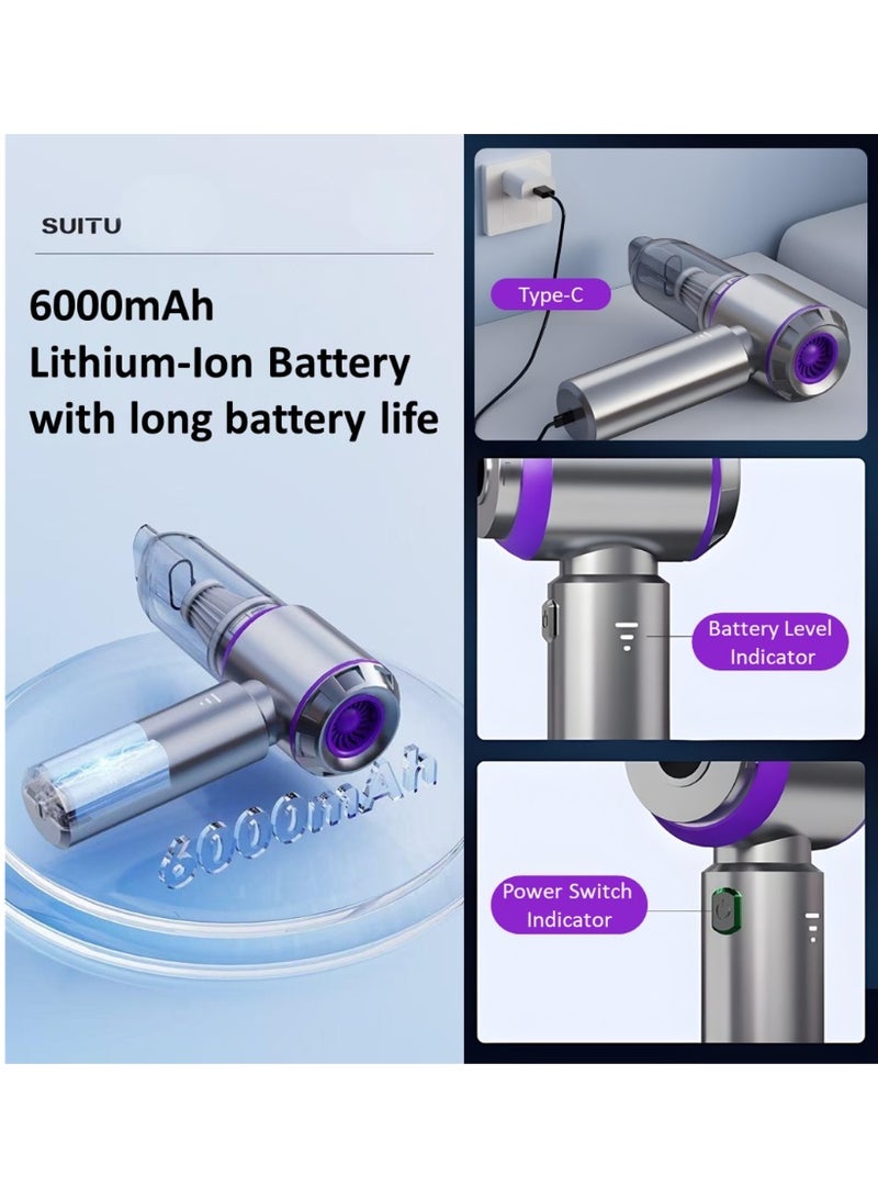 SUITU 16000PA High Power Car Vacuum Cleaner and Compressed Air Duster , Portable Vacuum Cleaner with Brushless Motor & LED Light, 4 in 1 Suction & Blowing & Inflating & Pet Grooming Cordless Handheld Vacuum Cleaner for Car, Home, Office, Camping-Silver Purple - Image 5
