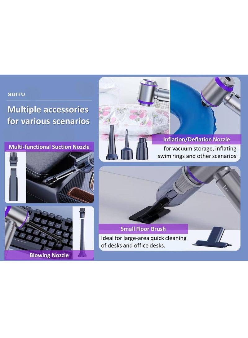 SUITU 16000PA High Power Car Vacuum Cleaner and Compressed Air Duster , Portable Vacuum Cleaner with Brushless Motor & LED Light, 4 in 1 Suction & Blowing & Inflating & Pet Grooming Cordless Handheld Vacuum Cleaner for Car, Home, Office, Camping-Silver Purple - Image 3