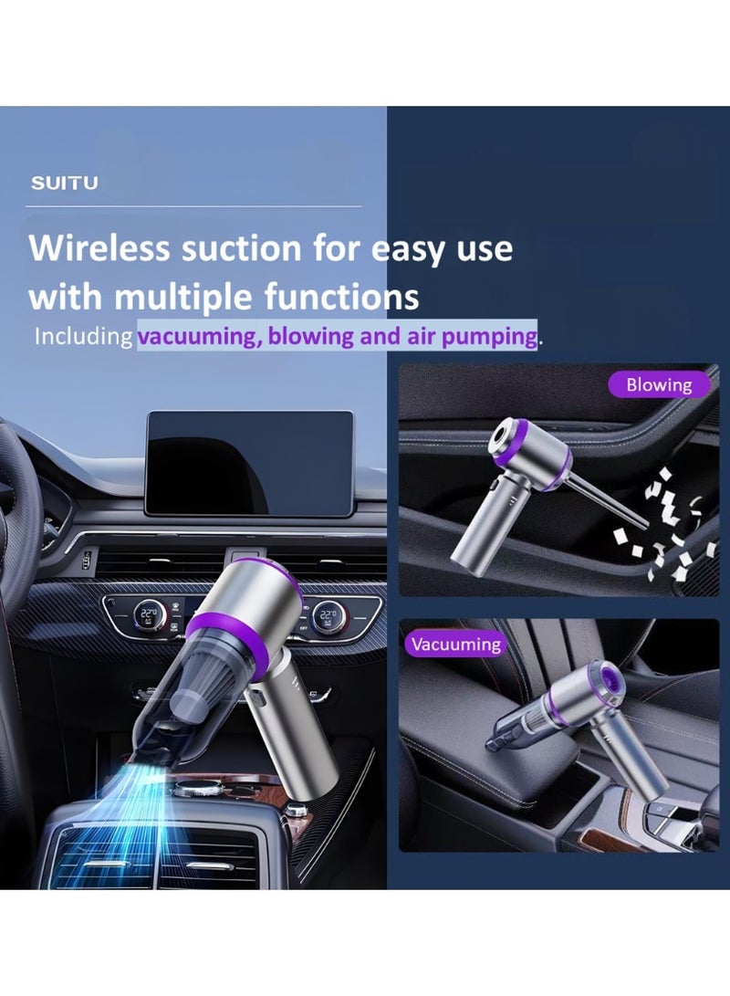 SUITU 16000PA High Power Car Vacuum Cleaner and Compressed Air Duster , Portable Vacuum Cleaner with Brushless Motor & LED Light, 4 in 1 Suction & Blowing & Inflating & Pet Grooming Cordless Handheld Vacuum Cleaner for Car, Home, Office, Camping-Silver Purple - Image 2
