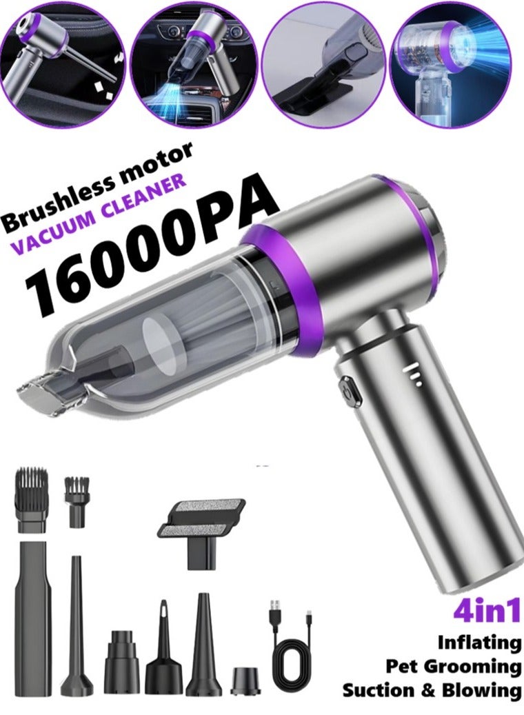 SUITU 16000PA High Power Car Vacuum Cleaner and Compressed Air Duster , Portable Vacuum Cleaner with Brushless Motor & LED Light, 4 in 1 Suction & Blowing & Inflating & Pet Grooming Cordless Handheld Vacuum Cleaner for Car, Home, Office, Camping-Silver Purple - Image 1