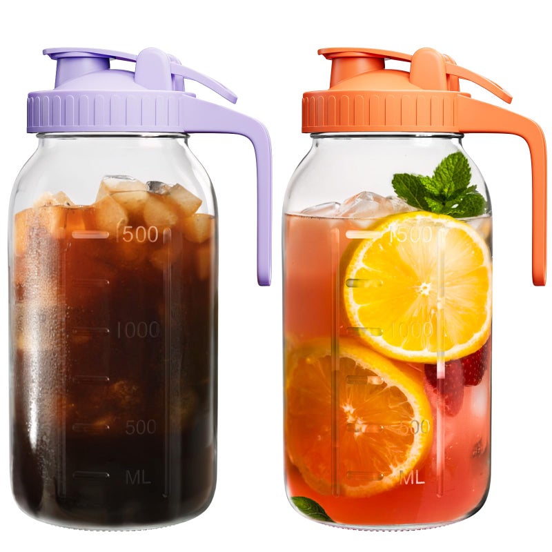 VA1KENE 2 Pack Mason Jar Pitcher â€“ Airtight & Leakproof Glass Pitcher with Lid, 2 Quart (64 oz) 1/2 Gallon Mason Jar with Pour Spout Lid, Ideal for Breastmilk, Cold Brew, Sun Tea and Coffee - Image 1