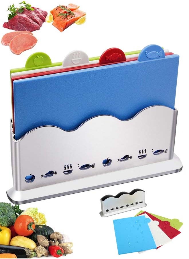 Arabest 4 PCS Cutting Boards, Chopping Board Set with Self-Draining Stand, Non-slip Food Cutting Blocks for Vegetables, Fruits, Meat, Fish, Cooked Food  - Image 5