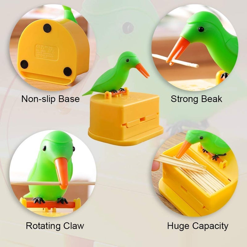 Orrda Orrda Plastic Bird Toothpick Dispenser Toothpick Storage Box Toothpick Holder Bird Design Toothpick Keeper Automatic Pressing Smart Press Get Toothpick Dispenser Yellow Green - Image 4