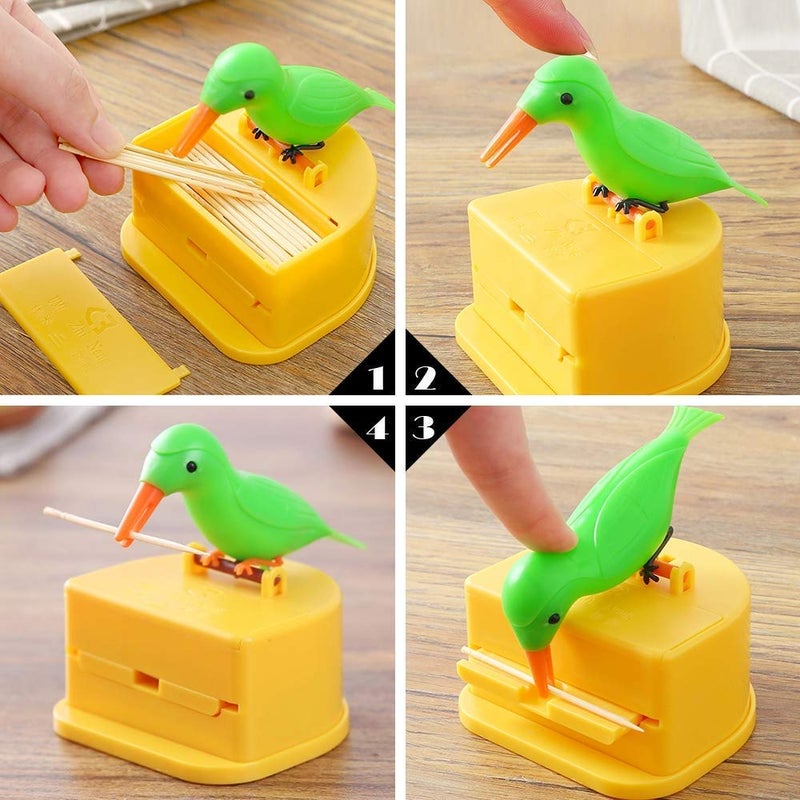 Orrda Orrda Plastic Bird Toothpick Dispenser Toothpick Storage Box Toothpick Holder Bird Design Toothpick Keeper Automatic Pressing Smart Press Get Toothpick Dispenser Yellow Green - Image 3