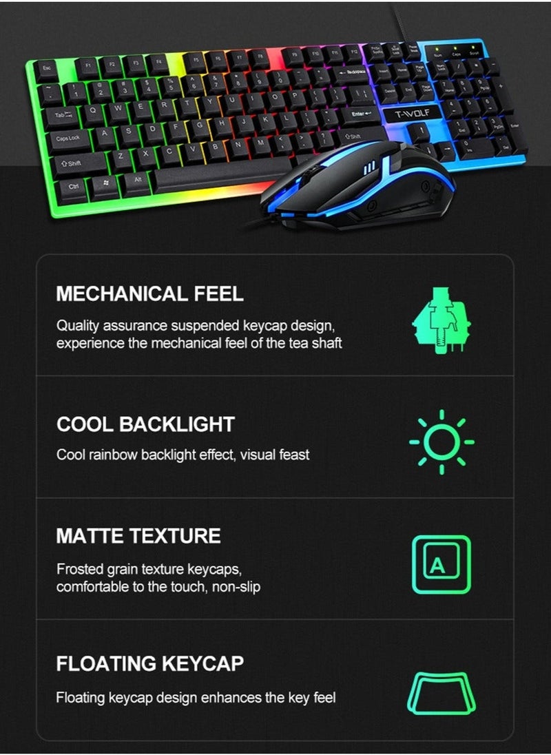 Gaming Keyboard Mouse Combo Rainbow LED Backlit Ambient Light Illuminated Character Wired USB Keyboard Mice Compatible with Windows XP/7/10 MacBook PS4 PS5 Xbox one Value Combo Set - Image 2