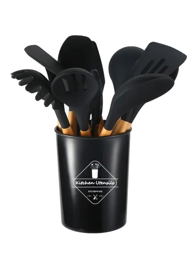 Raxoom Nonstick Wooden BBQ Silicone Cooking Kitchen Utensils Organizer Cook Cookware Utensil Set Accessories, 12 PCS. - Image 1