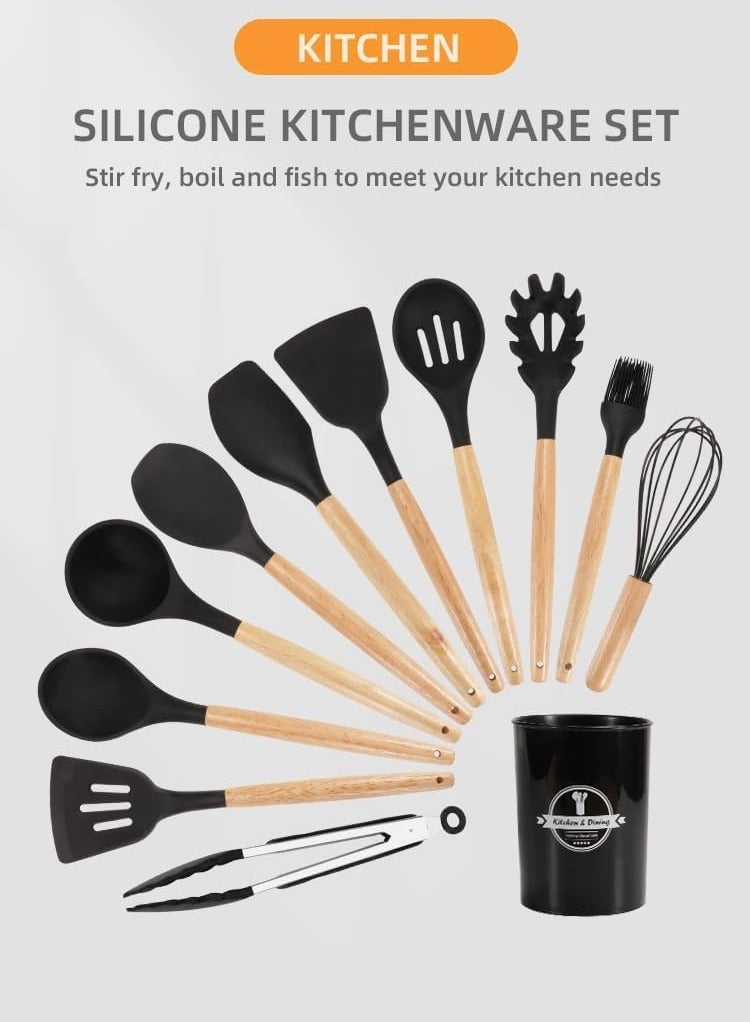 Raxoom Nonstick Wooden BBQ Silicone Cooking Kitchen Utensils Organizer Cook Cookware Utensil Set Accessories, 12 PCS. - Image 4