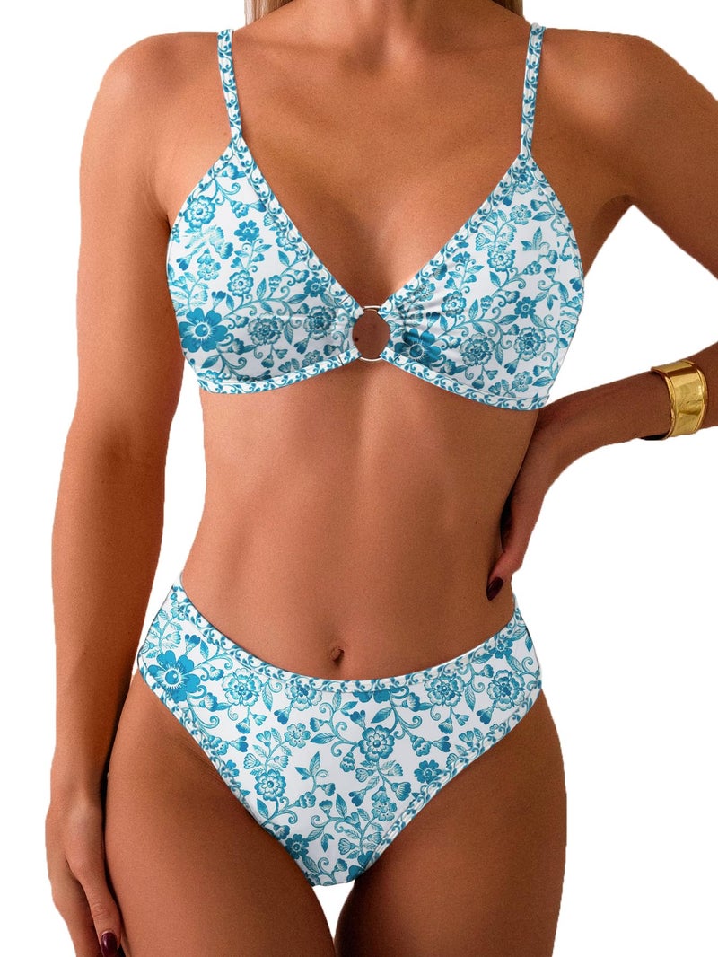 Fanuerg Women's Triangle Bikini Sets O Ring Linked Two Piece Swimsuits Green Floral Printed Cheeky Bathing Suit S - Image 1