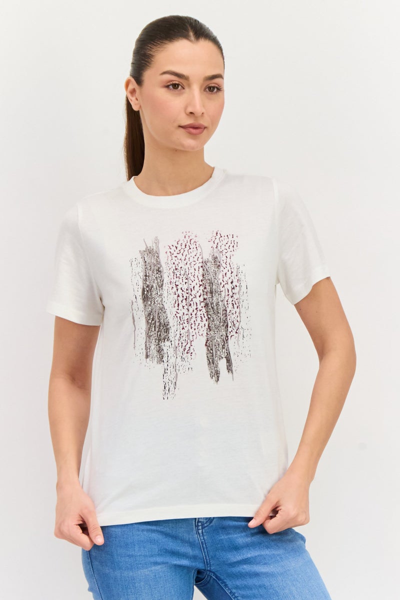 ESPRIT Women Crew Neck Short Sleeves Graphic Print T-Shirt, White - Image 1