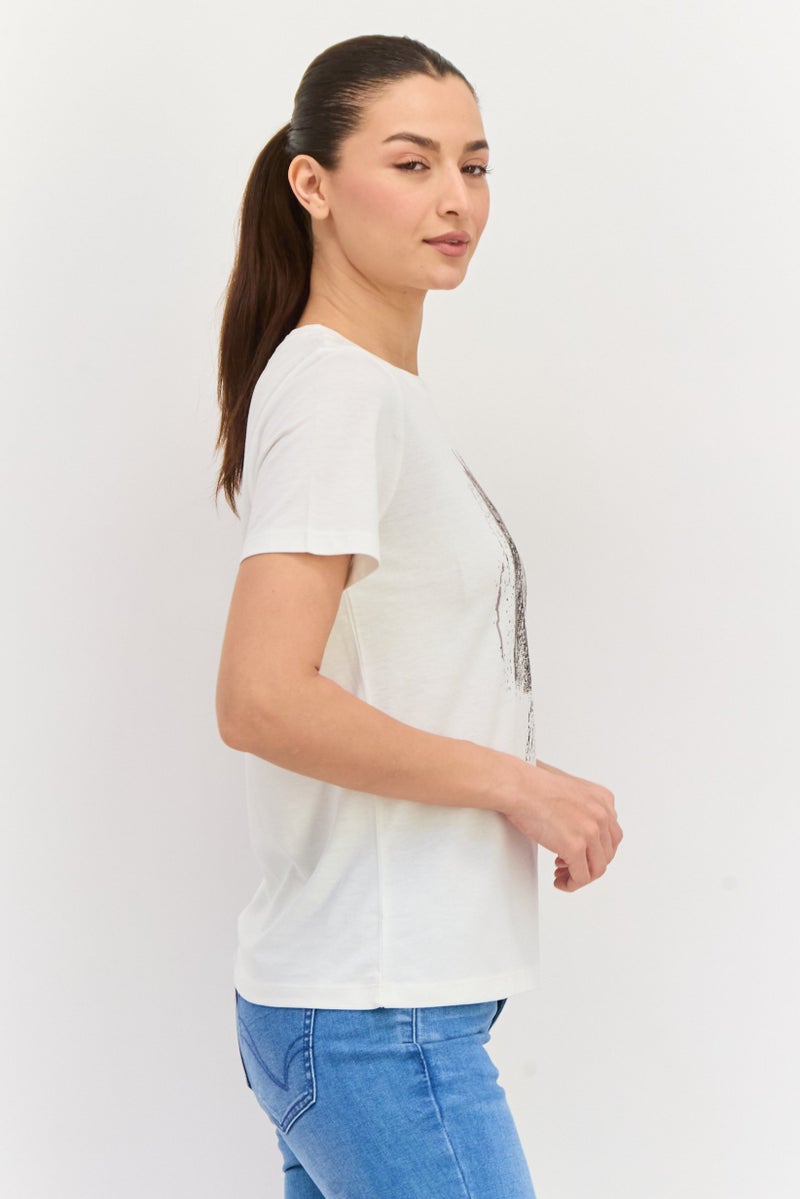 ESPRIT Women Crew Neck Short Sleeves Graphic Print T-Shirt, White - Image 3