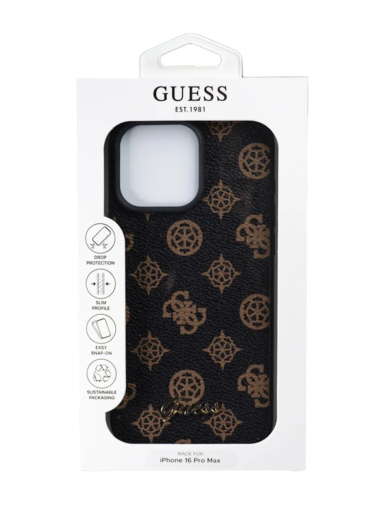 GUESS PU Leather Hard Case with Peony Script Logo for iPhone 16 Pro Max/ Slim Profile/ Easy Snap-On/ Comfortable Grip - Black