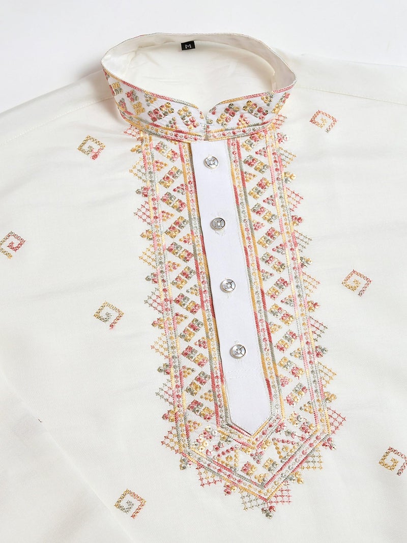 Kalaanj Men's Embroidered Silk Kurta || Only Kurta (KALSS2502MK-White-XXL) - Image 5