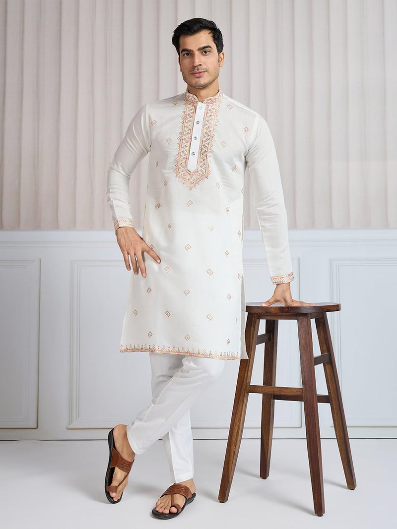 Kalaanj Men's Embroidered Silk Kurta || Only Kurta (KALSS2502MK-White-XXL) - Image 3