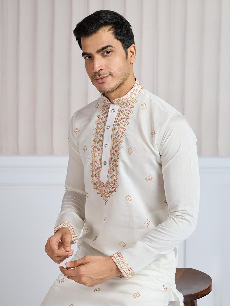 Kalaanj Men's Embroidered Silk Kurta || Only Kurta (KALSS2502MK-White-XXL) - Image 4