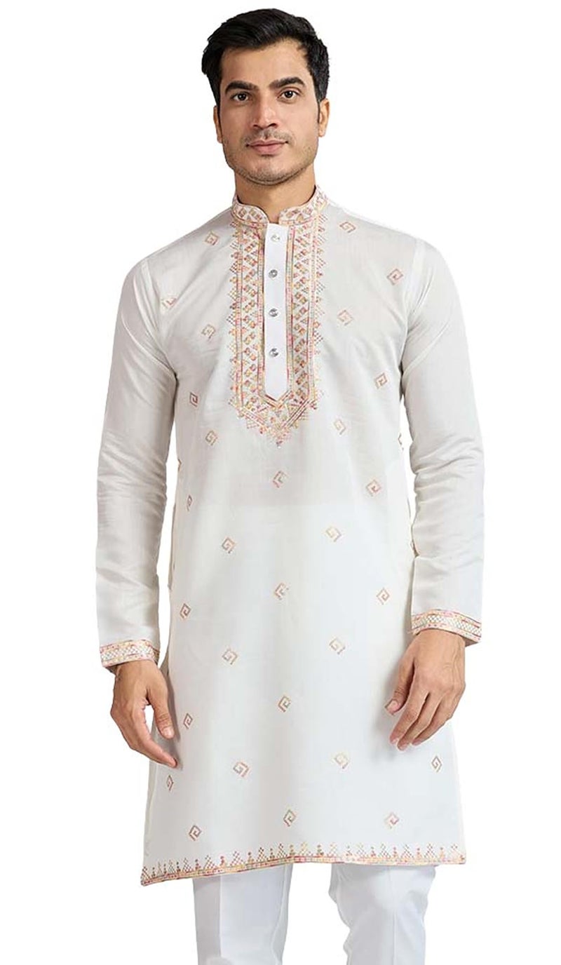 Kalaanj Men's Embroidered Silk Kurta || Only Kurta (KALSS2502MK-White-XXL) - Image 1