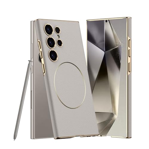 Midkart Leather Case Compatible with Samsung Galaxy S24 Ultra and Compatible with Magsafe Charging Electroplated Hard PC Lightweight Cover, Fiber Black - Image 1